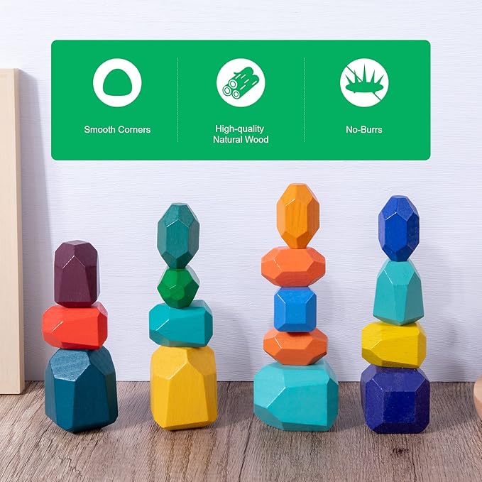 WODI Wooden Rainbow Stacking Stones 16Pcs Wood Sorting Balancing Rocks Blocks Montessori Educational Toys for Toddler Kids 3 Years Up Developing Skills