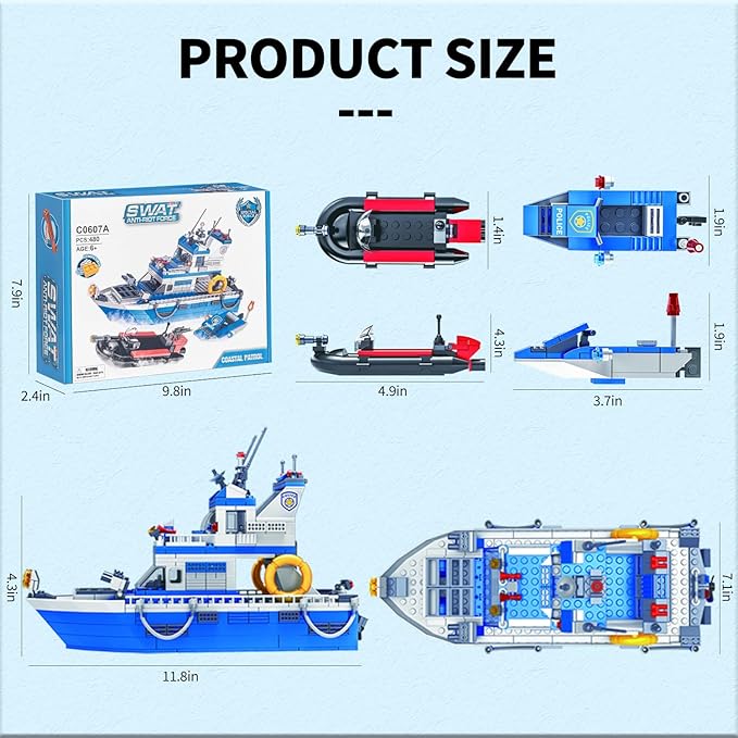 City Boat STEM Building Blocks Sets, Compatible with Lego City Police Boat and Ship Playsets, Rescue Boats That Float Toy Building Kit for Boys 6 7 8 9 10 11 12ļ¼480 Pcsļ¼