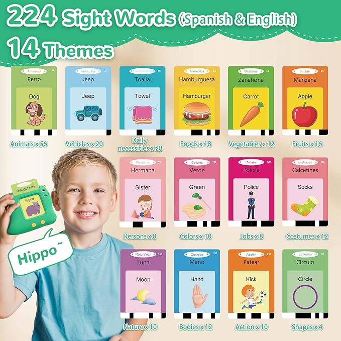 Spanish Talking Flash Cards Bilingual - Toddler Toys for 2 3 4 5 Year Old Boys and Girls, Autism Sensory Toys for Kids Learning Montessori Toys, Español/English Speech Therapy Preschool Gifts