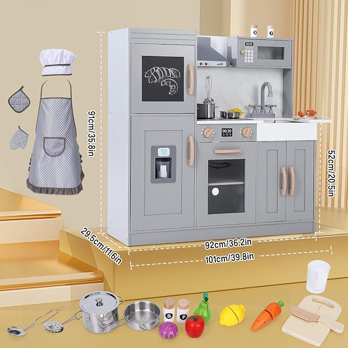 Wooden Play Kitchen with Cookware Accessories, Wooden Chef Pretend Play Set with, Wooden Cookware Pretend with Microwave, Oven, Sink, Real Lights & Sounds, Grey (201GA)