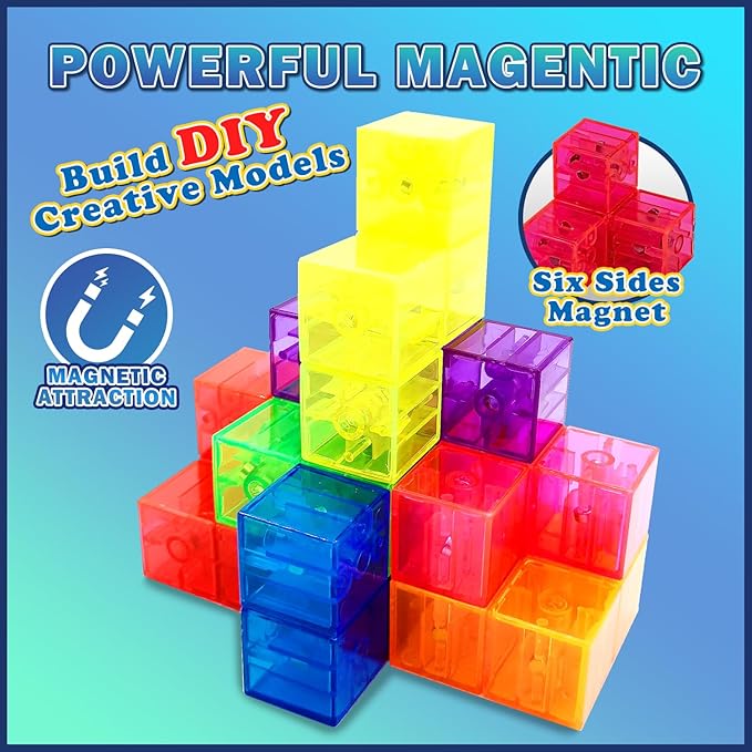 Magnetic Building Blocks, STEM Magic Magnetic 3D Puzzle Cubes, 7 Pcs Preschool Multi Shapes Magnetic Toys with 54 Cards, Montessori Sensory Autism Building Toys for Kids