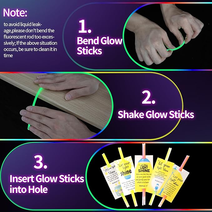 LiYiQ 50 Packs Christian Gifts Cards with 100 Glow Sticks Let Your Light Shine Cards with Glow Sticks Religious Bible Verse Cards for VBS Sunday School Supplies (Christian)