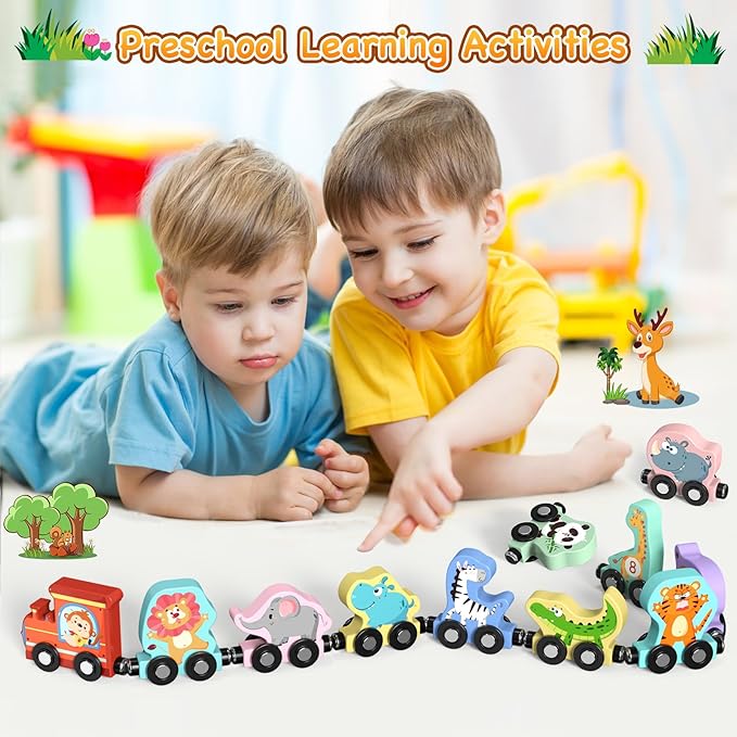 Toys for Toddlers, 11 Magnetic Wooden Animals Train Set, Montessori Toys for Toddlers, Preschool Learning Activities for Kids, Birthday Gifts for Boys, Girls