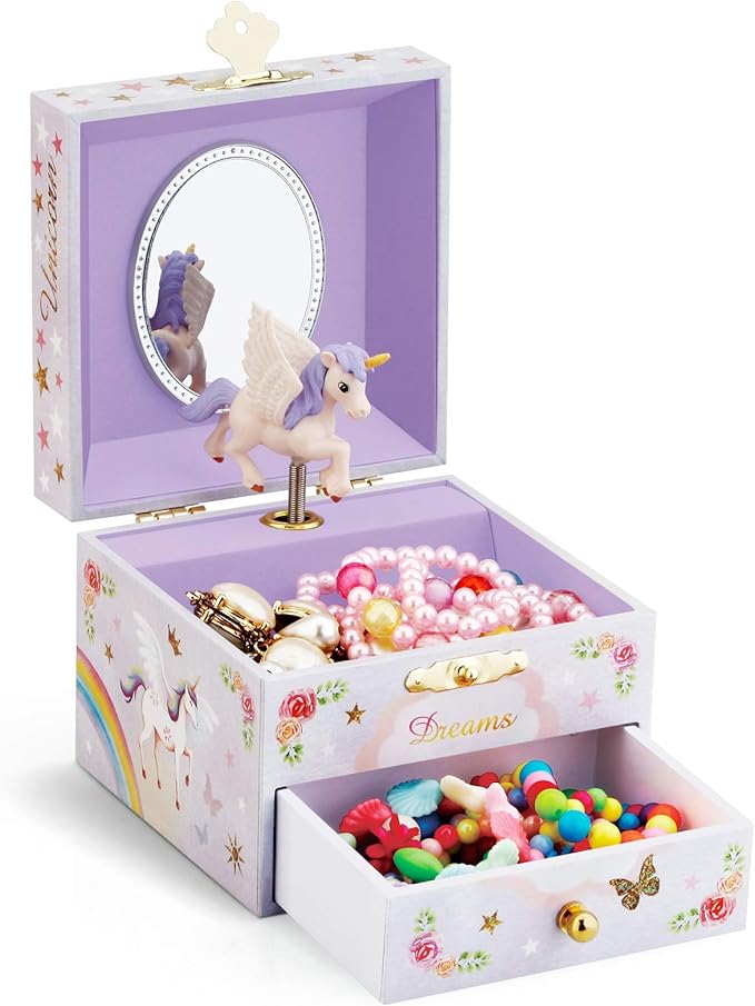 RR ROUND RICH DESIGN Kids Musical Jewelry Box for Girls with Drawer and Jewelry Set with Brave Unicorn - Beautiful Dream Tune Purple