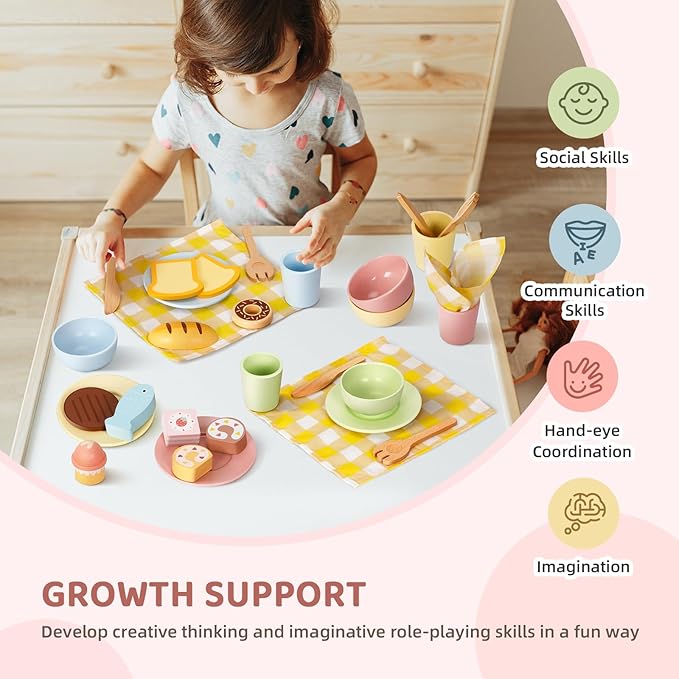 Wooden Play Dishes and Plates for Kids Kitchen Set, 25 PCS Wooden Play Kitchen Accessories, Pretend Montessori Kids Pots and Pans Playset for 3+ Toddlers