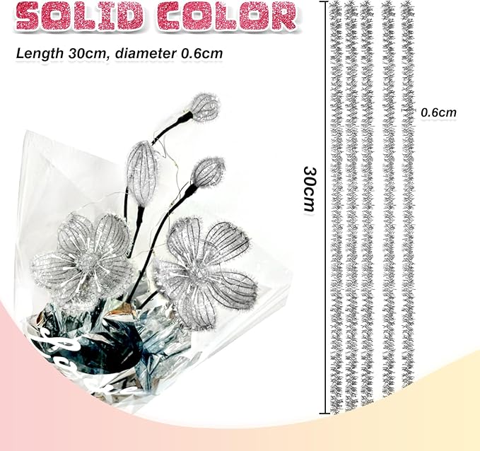 TOAOB 100pcs Christmas Glitter Pipe Cleaners Silver Metallic Pipe Cleaners Craft Supplies 6mm x 12 Inch Chenille Stems Pipe Cleaners for Art DIY Crafts Decorations