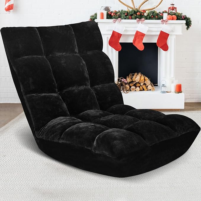 Folding Floor Chair 14-Position Cushioned Adjustable Floor Lazy Sofa Chair w/Breathable Cotton & Skin-Friendly Flannel for Adults & Kids Ideal for Reading Meditating, Black