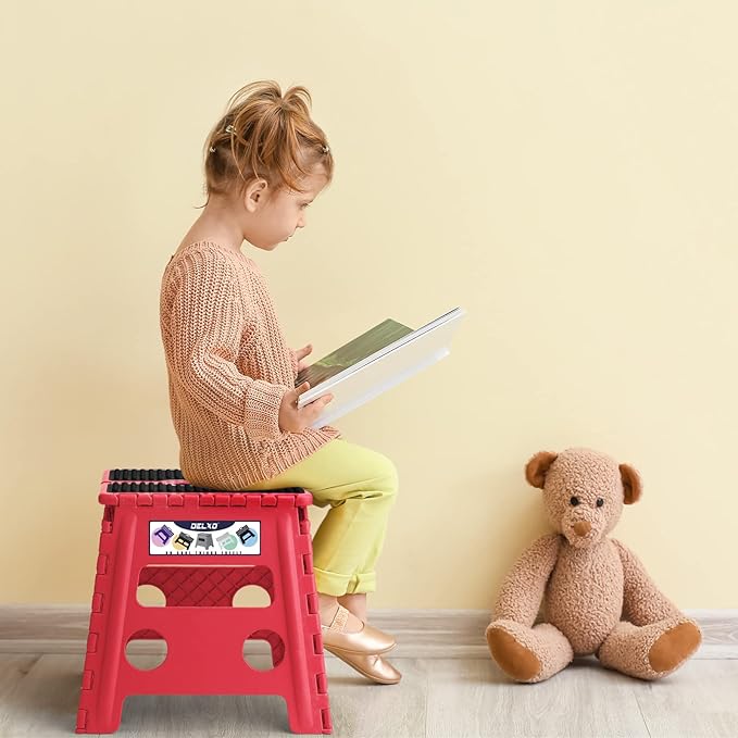 Delxo Folding Step Stool,Non-Slip Stool 13 inch Height Premium Heavy Duty Foldable Stool for Kids and Adults,Kitchen Garden Bathroom Stepping Stool 1 Pack in Red,Dotted Texture