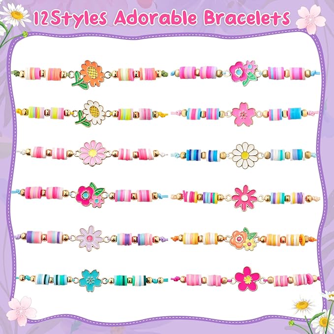 12 Pcs Kids Bracelet for Girls Toddler Jewelry Groovy Flower Princess Party Favors Friendship Bracelets Adjustable Pretend Play Goodie Bag Classroom Reward