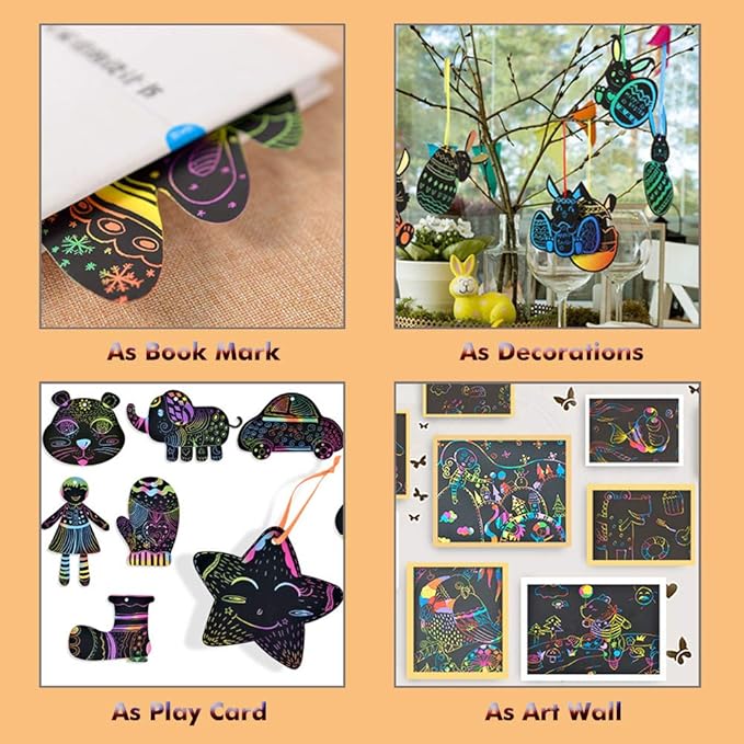 Rainbow Scratch Mini Art Notes 300 Sheets Scratch Off Paper Cards with 6 Wooden Stylus for Kids Arts Craft Kits for Girls Boys Games Party Favors Birthday Halloween (SP300)