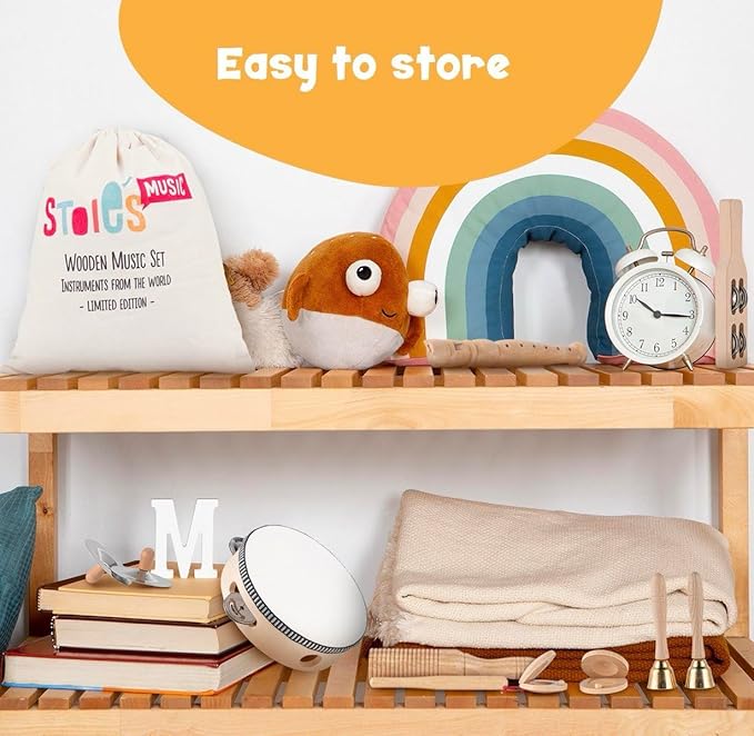 Stoie's Wooden Toddler Musical Instruments with Drum, Flute, Hand Bells, Cymbals, Castanets, Triangle, for Babies and Toddlers, Eco Friendly Montessori Educational Toy