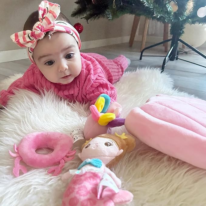 OUOZZZ Soft Baby Doll for Girls Mermaid Toys - 2 Years Old Sensory Toy - Little Dolls Birthday Gifts Age 1-3 Toddler Plush Stuffed Animal with Squeaker, Crinkle and Bell Ringing Toy Set