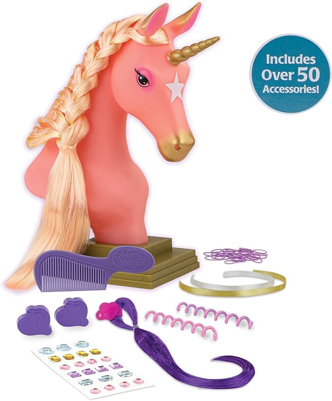 Breyer Horses Beauty Styling Head | Stardust | Pink Extra-Long Silky No Tangle Mane | 10" x 4.25" x 4.25" | Styling Book, Brush, Hair Coils, Clips, Elastics | Unicorn Toy | Model #7405