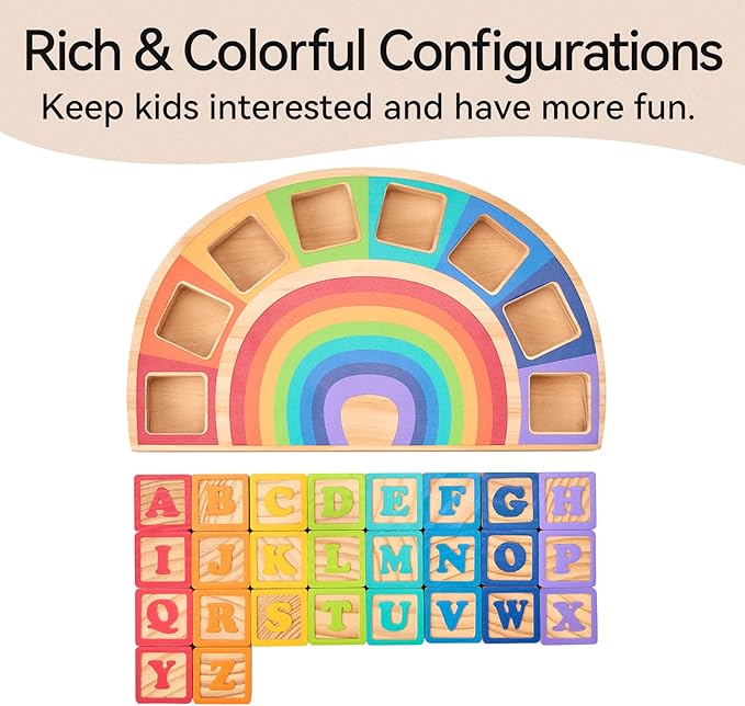 Building Blocks Set Wooden Blocks for Toddlers Rainbow ABC Letter Alphabet Stacking Blocks 26 Pcs Montessori Toys Educational Learning Toys for Kids Age 18 Months for Girls Boys