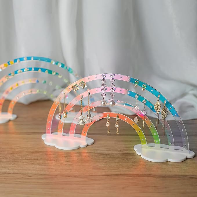 NiHome Iridescent Earring Organizer Set - 74-Hole Display Rack for Studs, Dangles and Hoops - Rainbow Iridescent Finish - Clear Acrylic - Ideal for Girls and Women