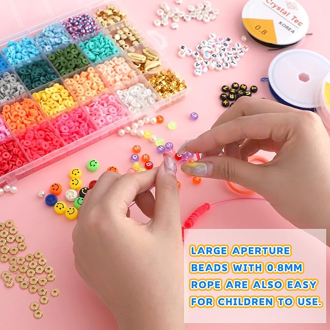 KAMJUNTAR 6000PCS Clay Beads for Bracelets Making Kit,24 Colors Flat Heishi Polymer Clay Beads for Jewelry Making with Letter Beads Smiley Face Beads Gift for Kids Girls DIY Necklace Bracelet