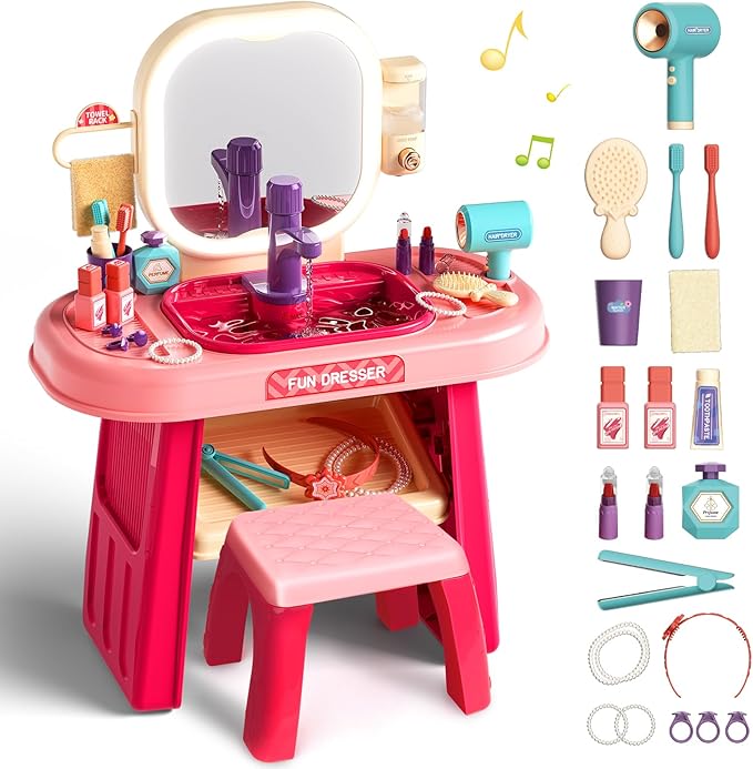 Pretend Play Girls Makeup Table Set with Stool,Kids Vanity Set with LED Lighted Mirror and Music,Toddler Beauty Salon Set with Makeup Accessories & Washbasin,Girls Vanity for Toddlers 3-5 Years Old