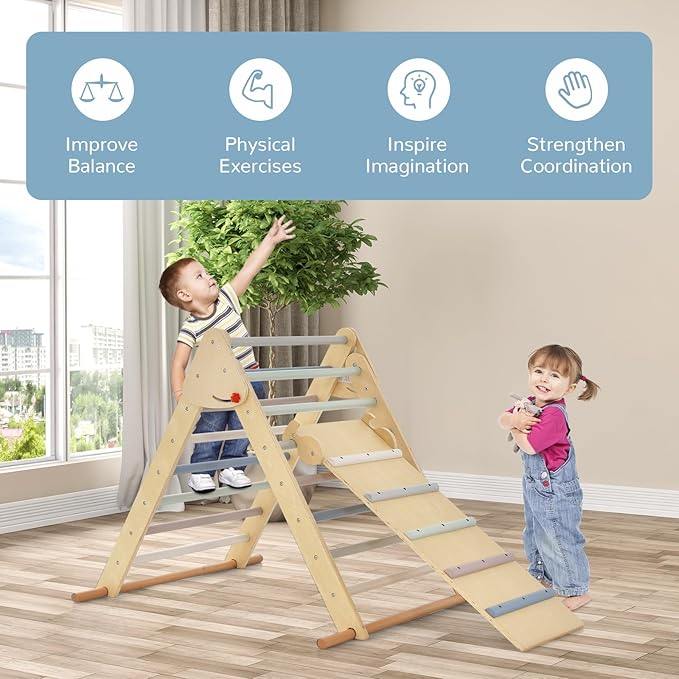 OLAKIDS Pikler Triangle Set 3 in 1 Climbing Toys for Toddlers Foldable Wood Montessori Baby Jungle Gym with Ramp Ladder Slide Kids Indoor Playground Activity Play Structure