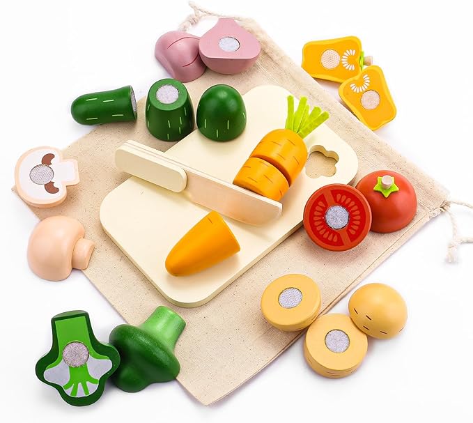 Cutting Vegetable Set - Wooden Play Food Kitchen Accessory, Multi - Pretend Play Accessories, Wooden Cutting Fruit Toys for Toddlers and Kids Ages 3+