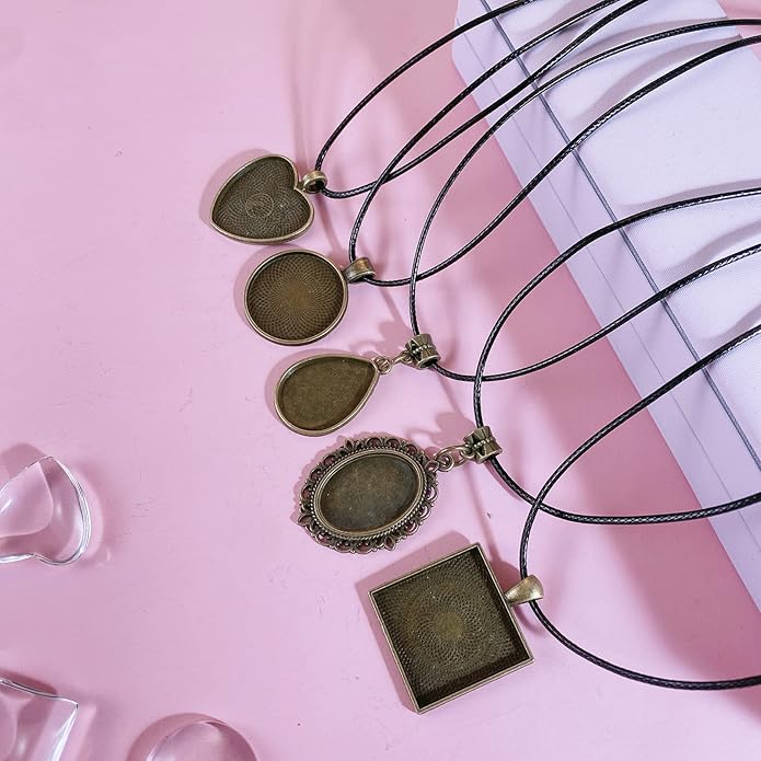 Bezel Pendant Trays Gold and Sliver, Rhinestone Bezel Pendants Trays for DIY Jewelry Craft Making, Picture Necklace Pendant Trays with Clear Glass Cabochons and Chains