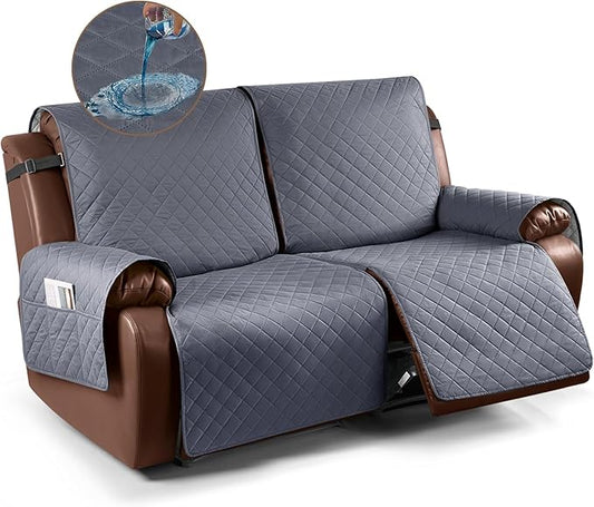KinCam Waterproof Oversized Loveseat Recliner Cover, Non-Slip Reclining Couch Covers for 2 Seat, Recliner Sofa Cover Furniture Protector with Elastic Straps for Kids, Pets, Dark Gray
