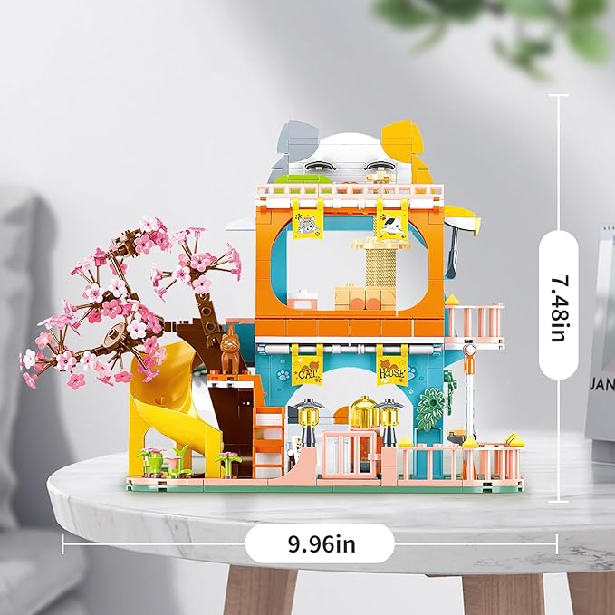QLT QIAOLETONG Cute Cat House Toy Building Set for Adult, Compatible with Lego Friend, 521 PCS Friendship House Building Blocks Kit with Animals, Ideas Birthday Gift for Teen Boys