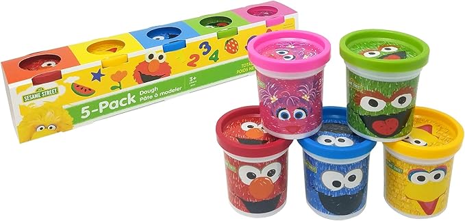 Sesame Street Modeling Dough, 5-Pack, 3oz Cans, Assorted Colors, Elmo, Cookie Monster, Big Bird, Oscar the Grouch, Abby Cadabby, Non-Toxic, Ages 3 and Up