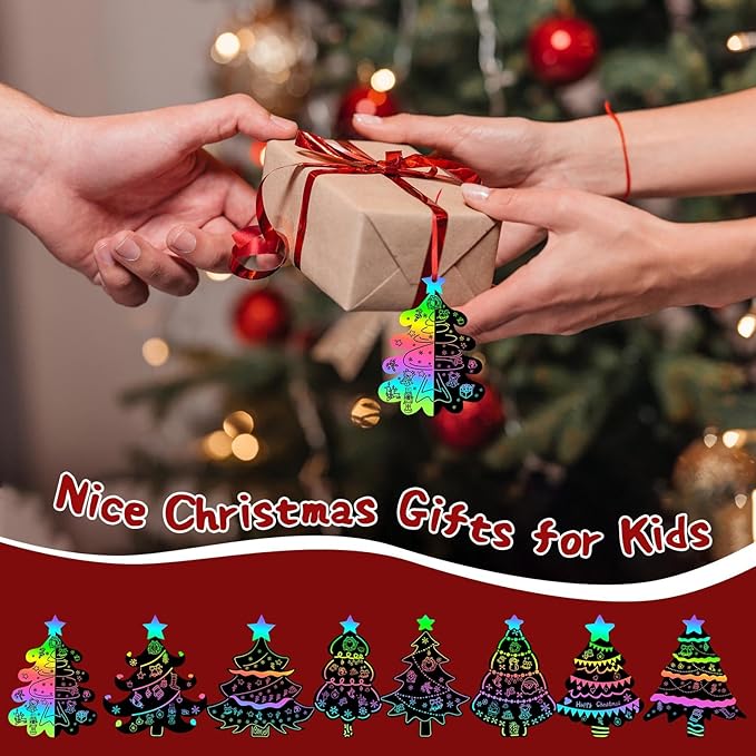 FEBSNOW 48 PCS Christmas Crafts for Kids, Magic Rainbow Christmas Scratch Art Paper Cards Christmas Tree Hanging Ornaments Christmas Gifts for Party Favors Games