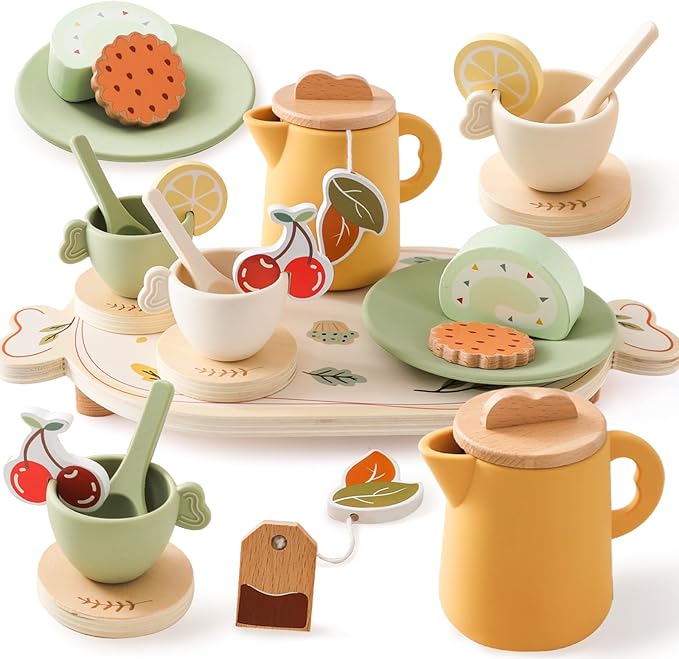 Tea Party Set for Kids - Wooden Tea Set for Little Girls 14PCS Silicone Toddler Tea Set Kitchen Accessories Pretend Play Toy Tea Set for Toddlers - Birthday Gift
