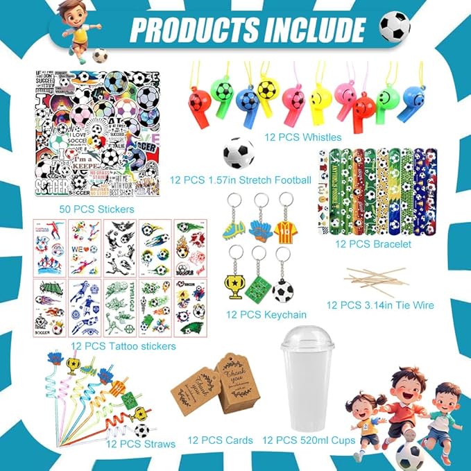 Soccer Party Favors, 172 pcs Birthday Party Supplies contains Cups, Straws, Whistles, Bracelets, Keychains, Stickers, Soft Balls, Tatoo Stickers, Thank You Tags for Sport Themed Birthday Decors