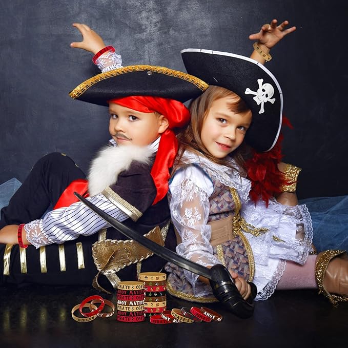 Leitee 48 Pcs Pirate Rubber Bracelets Pirate Party Wristbands Pirate Theme Party Silicone Wristbands Pirate Party Supplies Favors Pirate Accessories for Men Women Birthday Prizes, 4 Styles