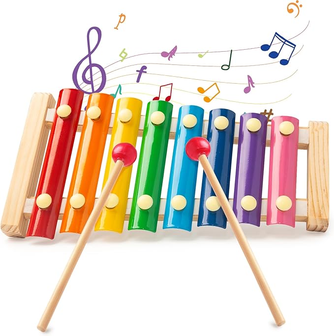 LovesTown Wooden Xylophone Musical Toy, 8 Rainbow Keys, 2 Mallets, Educational Instrument for Toddlers