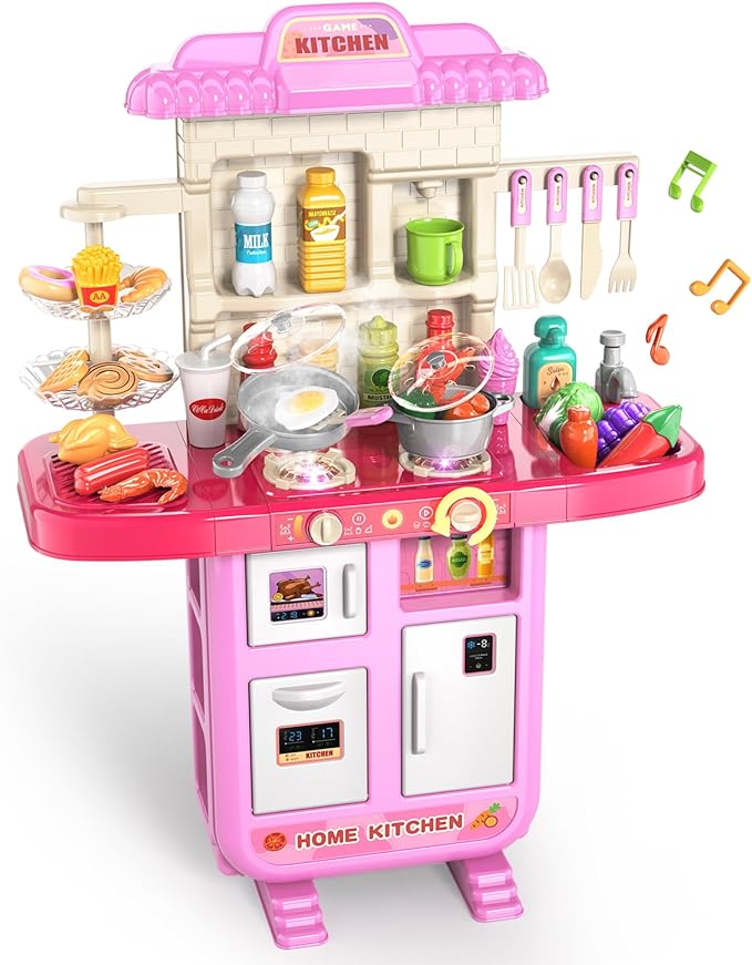 Toddler Kids Kitchen Playset, Play Kitchen Set with Sounds and Lights for Toddlers Kids 3-5 6-8, Pretend Food Toy Kitchens Christmas Birthday Gifts for Toddlers Kids 3 4 5 6 7 8 Years Old