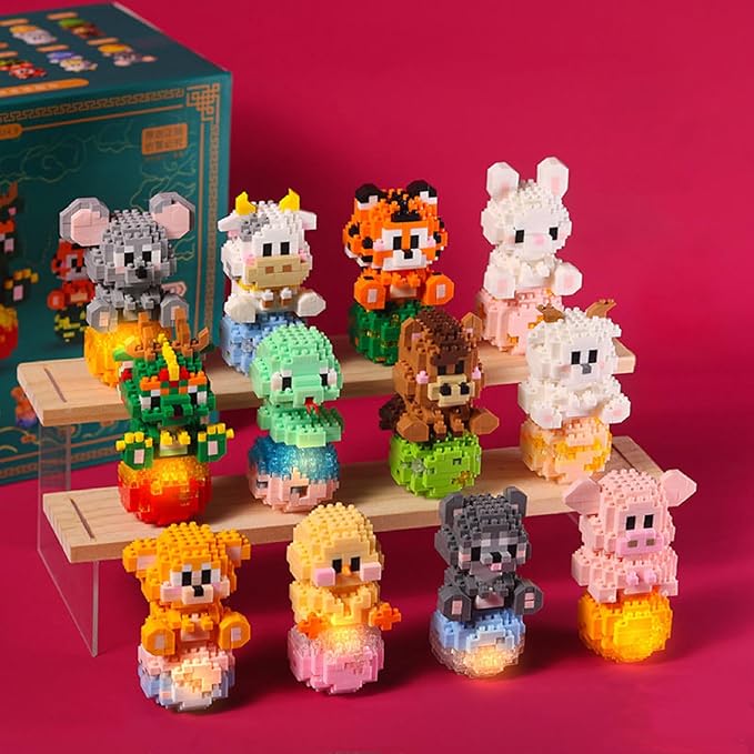 12 Mini Animals Building Blocks Sets Building Block Party Favor for Kids Small Zodiac Animals Pets Horse Dog Monkey Tiger Rabbit Dragon STEM Educational Toys for Boys Girls(Monkey)