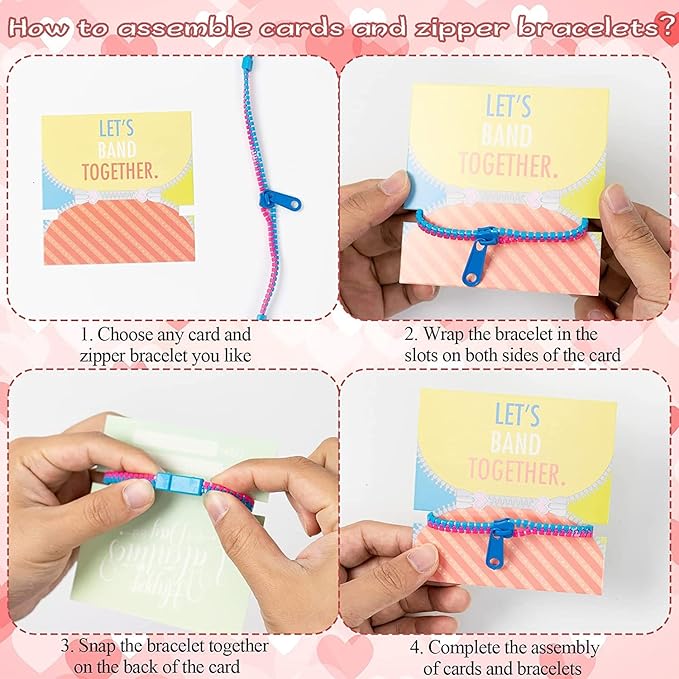 OuMuaMua 30Pcs Valentines Day Cards Gift for Kids Classroom - Valentines Cards with Fidget Zipper Bracelets Toy for Kids Valentine’s Day Classroom Exchange Valentines Party Favors