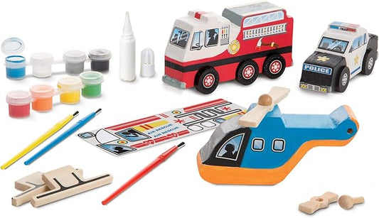 Melissa & Doug Created by Me! Rescue Vehicles Wooden Craft Kit - Decorate-Your-Own Police Car, Fire Truck, Helicopter