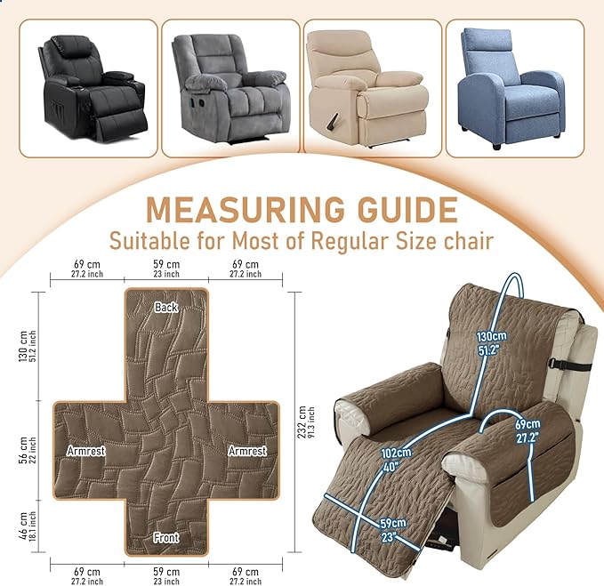 100% Waterproof Recliner Chair Covers for Reclining Chair, Small Recliner Covers That Stay in Place, Non-Slip Recliner Armchair Cover with Pockets for kids, Pets, Dogs, Cat, Washable,Coffee,23lN
