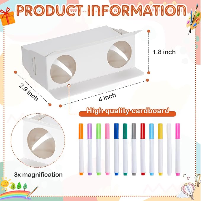 Shappy 30 Pieces Cardboard Folding Binoculars with Coloring Markers Paintable Make Your Own Paper Binocular 3X Magnification DIY Art Craft Toys for Boys Girls Birthday Party Supplies Class Activity