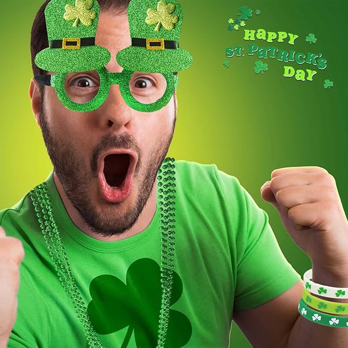 St Patricks Day Accessories Party Favors Set,Including 20 Shamrock Good Luck Coins 6 Necklace 6 Bracelets 2 Headband 2 Eyeglasses 2 Sash 40 Tattoo Sticker for St. Patrick Party Supplies Decorations