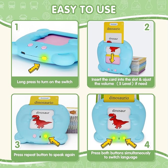 Spanish Talking Flash Cards for Toddlers 1 2 3 4 5 6 Years Boys Girls, Bilingual Toy for Kids Pocket Speech Audible Flashcards, Educational Sensory Toys