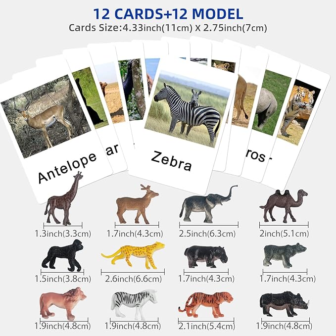 MEROCO Montessori Zoo Safari Animal Match - Miniature Figurines with 2 Part Matching Cards Montessori Language Materials Preschool Learning Toy NEWTT004