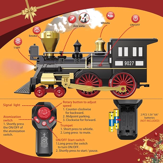 Remote Control Train Set for Kids Electric Steam Engine Locomotive, Cargo Car & Tracks,Trains w/Realistic Smoke,Sounds & Lights,Rechargeable Birthday Gifts for 3 4 5 6 7+ Years Old Boys Girls … …