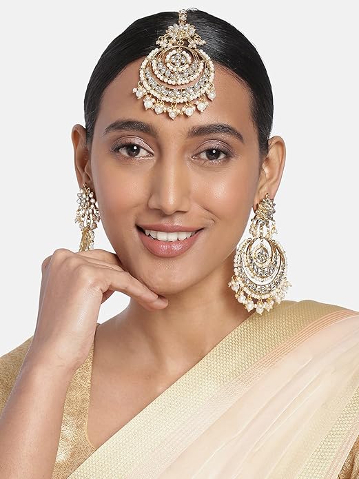 Aheli Bollywood Ethnic Chandbali Style Big Earrings Maang Tikka Set Traditional Fashion Jewelry Gift for Women