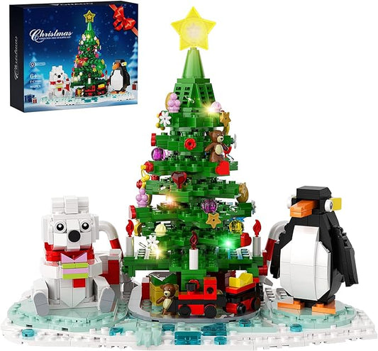 Christmas Tree Building Kit, Christmas Tree Building Block with Lights, Compatible with Lego Christmas Tree Buildings with Polar Bear Penguin Set, Holiday Present for Boys, Girls and Adults (802 PCS)