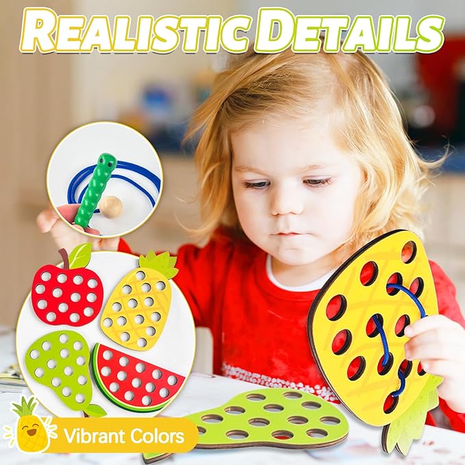 4 Pack Wooden Lacing Toy for Toddlers,Educational Threading Activity Puzzle Toys,Learning Fine Motor Skills Travel Game Toys for Kids 3-5,1 Pineapple,1 Pear,1 Apple,1 Watermelon