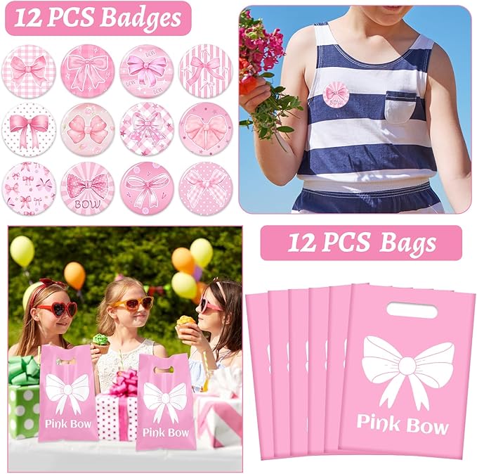 110 PCS Pink Coquette Bow Party Favors, Pink Coquette Bow Temporary Tattoos Slap Bracelets Stickers Keychains Badges Gift Bags for Bow Coquette Birthday Party Decorations Supplies for Kids Girls