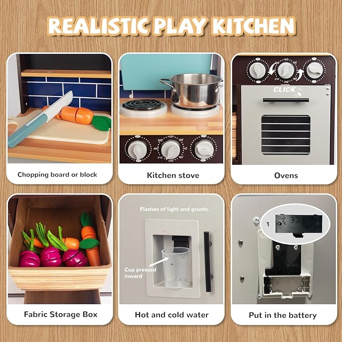 Kitchen Playset for Kids Ages 3-8, Wooden Pretend Play Kitchen with Cooking Accessories and Cutting Play Food, Including Oven, Stove, Faucet, and Sink, Dimensions: 38” H x 29” W x 12” D
