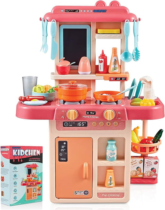 Kitchen Play Set with Accessories- Mini Kitchen Set with Realistic Light Sound Steam Simulation- Indoor Games Cooking Playset with Water Outlet- Toys for Toddlers Children & Girls