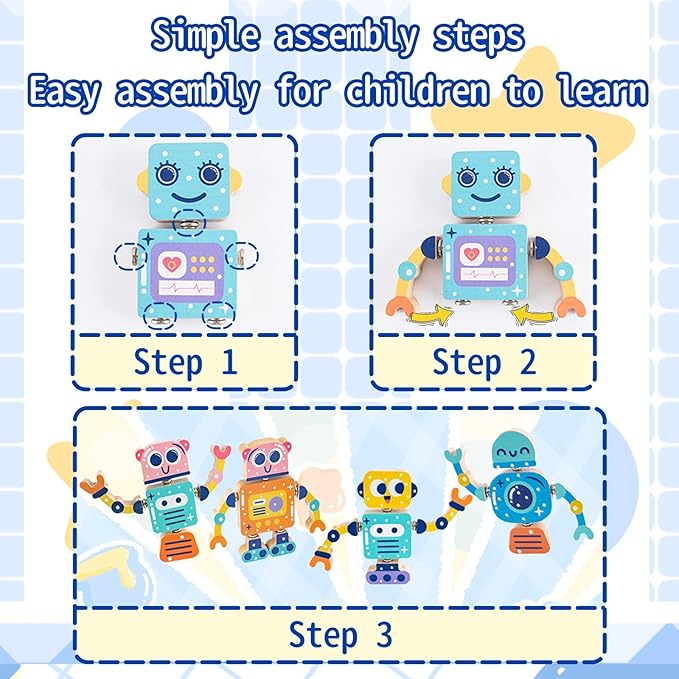 Wooden Robot Snap Building Blocks for Toddlers 1-3 4-8 2-4 Kids, 28 Psc Sets, Flexible Joint, Educational Montessori Fine Motor Skills Toys 3-4, STEM Toys, Birthday for Boys & Girls