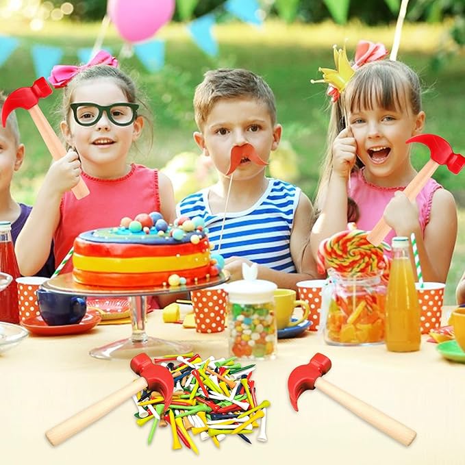 10 Pcs Kids Wooden Hammer Toy with 100 Pcs Colorful Wood Golf Tees, Small Plastic Hammer Simulation Hammers Educational Toys for Children Gift Birthday Party (Red)
